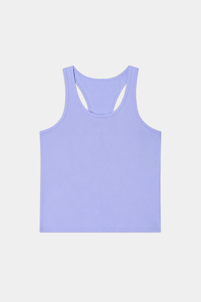 The SPLITS59 Mel Airweight Lite Tank in Purple Haze, made from a soft nylon-spandex blend, is shown racerback style laid flat on a white background.