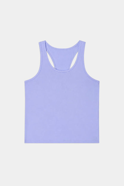 The SPLITS59 Mel Airweight Lite Tank in Purple Haze, made from a soft nylon-spandex blend, is shown racerback style laid flat on a white background.