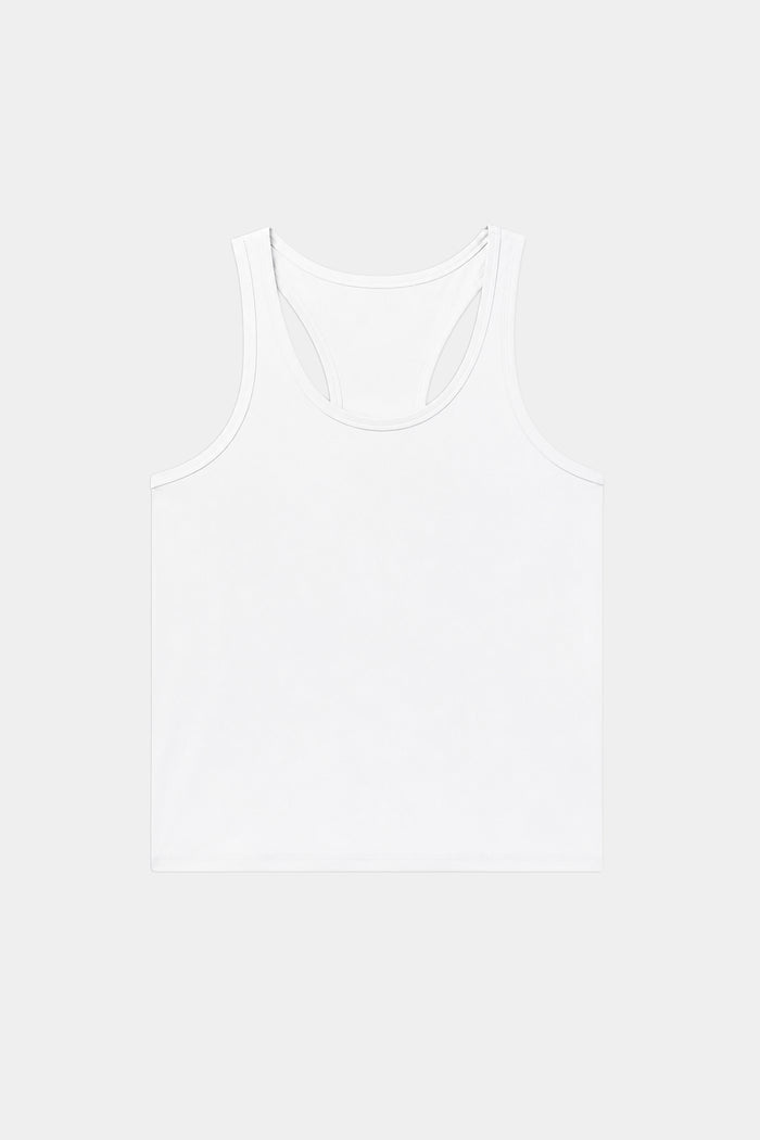 The SPLITS59 Mel Airweight Lite Tank in white is laid flat on a light gray background, making it an ideal pick for Pilates or hot yoga sessions.