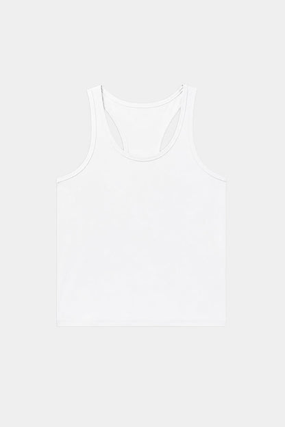 The SPLITS59 Mel Airweight Lite Tank in white is laid flat on a light gray background, making it an ideal pick for Pilates or hot yoga sessions.