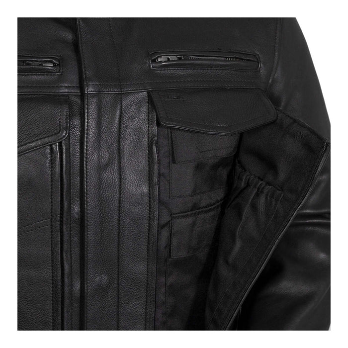 Raider black jacket chest and hidden utility pocket detail