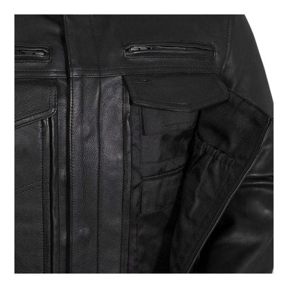 Raider black jacket chest and hidden utility pocket detail