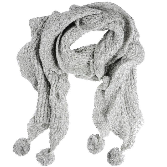 Mia Womens Loose Knit Scarf With Pom Poms Grey Mink Indigo Silver Grey