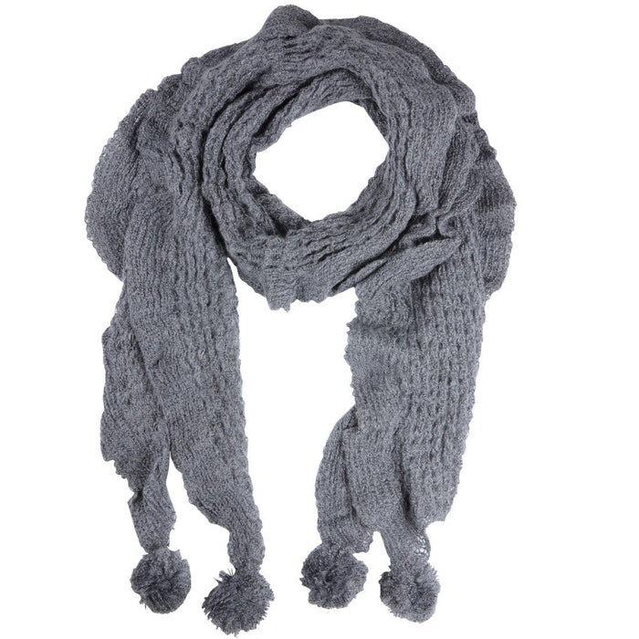 Mia Womens Loose Knit Scarf With Pom Poms Grey Mink Indigo Indigo