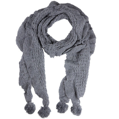 Mia Womens Loose Knit Scarf With Pom Poms Grey Mink Indigo Indigo