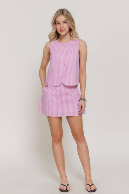 Mid Rise Front Button Down Multi Striped Poplin Skort