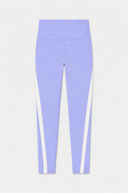 The SPLITS59 Miles High Waist Rigor 7/8 in Purple Haze/White features white diagonal side stripes, ideal for yoga or gym sessions, and is shown on a plain light background.