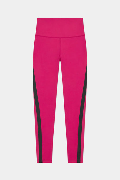 The SPLITS59 Miles High Waist Rigor 7/8 leggings in Sangria/Black feature a bright pink design with black vertical side stripes, crafted from a nylon-spandex blend, shown on a plain white background.