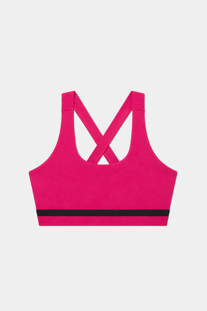 The SPLITS59 Miles Rigor Bra in Sangria/Black features smooth nylon-spandex fabric, a black bottom band, and crisscross back straps, shown on a plain white background.