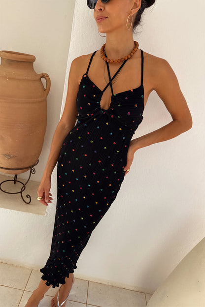 Black plisse Multi Spot Megan Dress featuring multicoloured flecks and multi-wear adjustable cross-over straps.