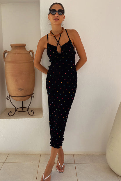 Multi Spot Megan Dress in black plisse with multicoloured flecks and adjustable cross-over straps.