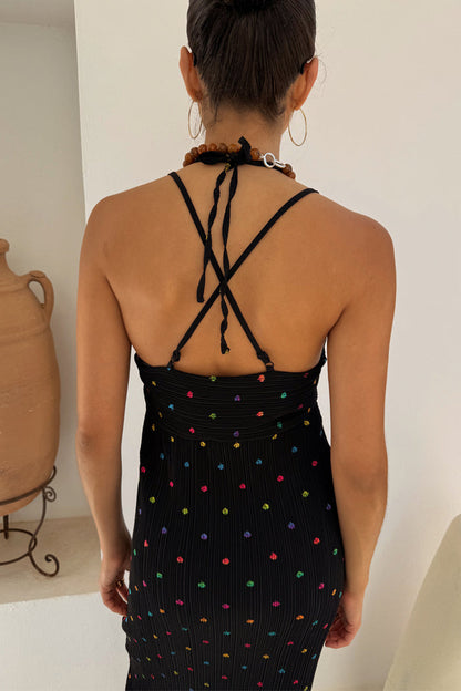 Multi Spot Megan Dress in black plisse featuring a colourful fleck print and adjustable cross-back straps.