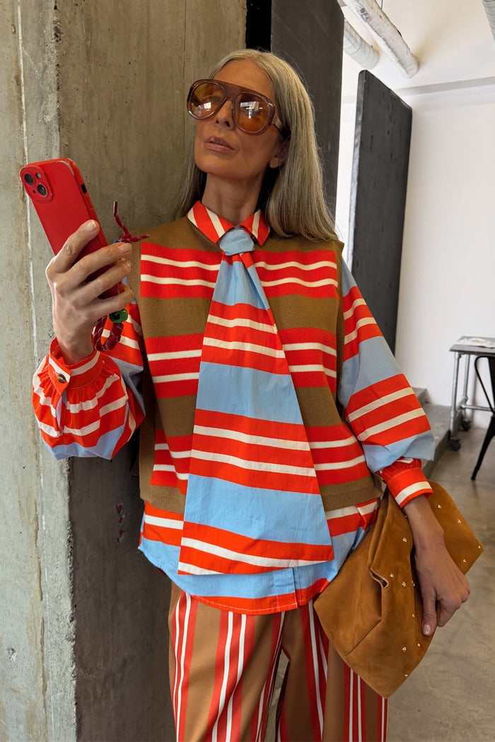 Multi Stripe Tank Top in tan and red soft touch knit, layered with stripes for a dopamine dressing look.