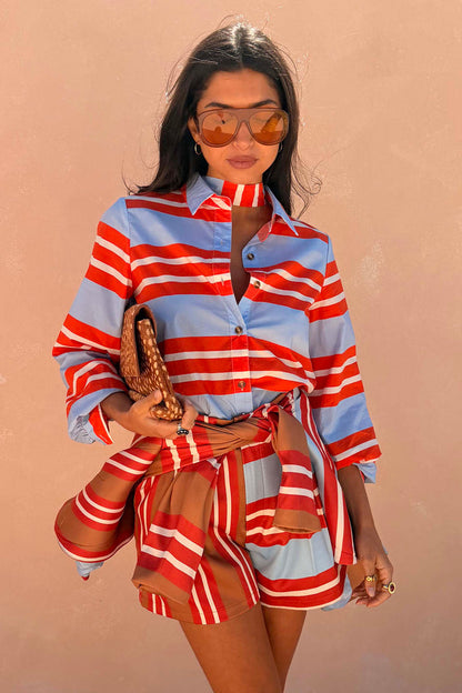 Multi Stripe Tie Shirt in blue and red cotton with a detachable neck tie for multi-wear styling.