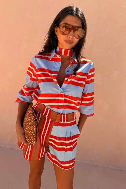 Blue and red Multi Stripe Tie Shirt in cotton with a matching neck tie, paired with striped co-ord shorts.