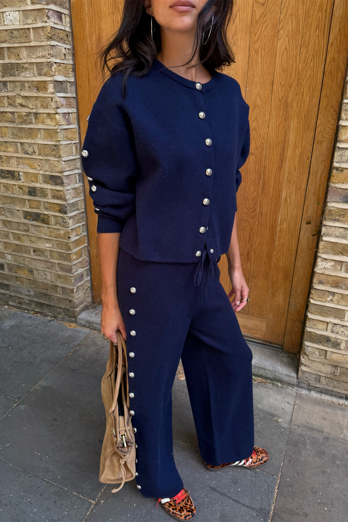 Navy Studded Wide Leg Knit Joggers