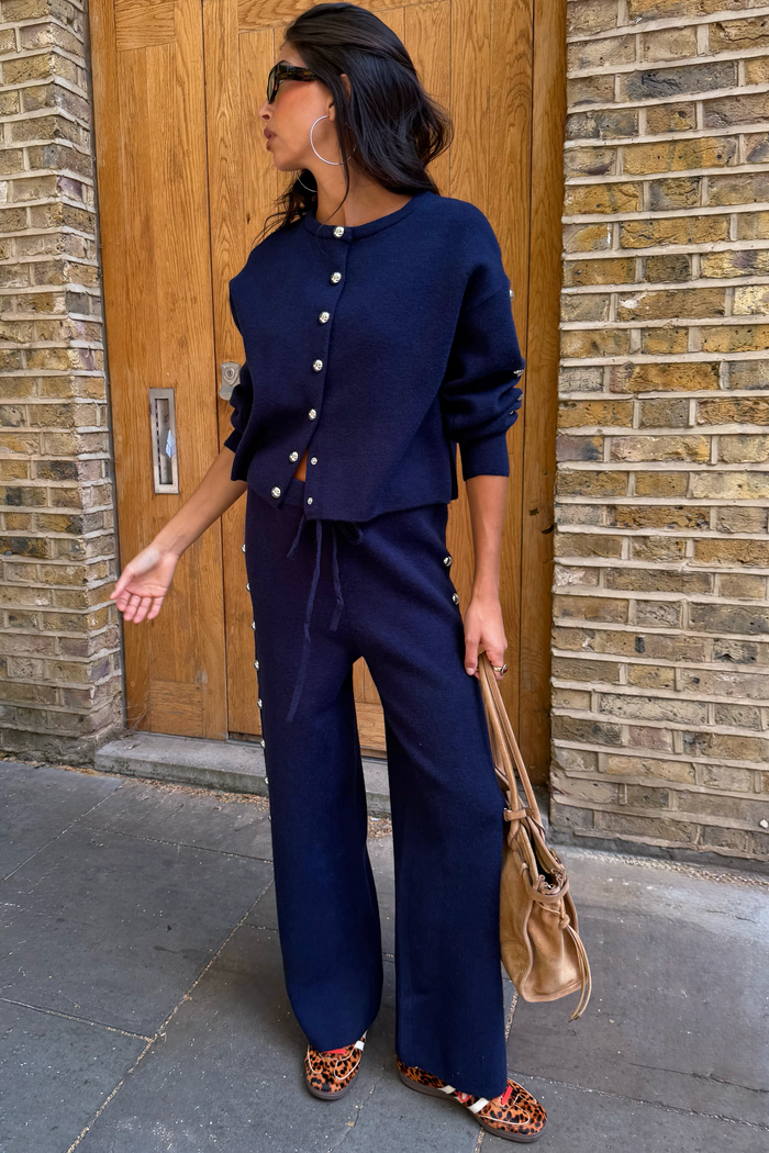 Navy Studded Wide Leg Knit Joggers