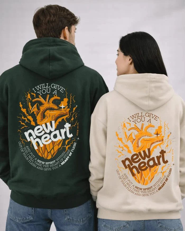 Two people wearing hoodies with a design and text on the back against a plain background