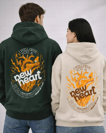 Two people wearing hoodies with a design and text on the back against a plain background
