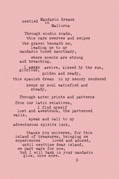 Typewriter-style poem on a pink background describing the Mallorca scent inspiration for NFD Eau De Parfum 002.