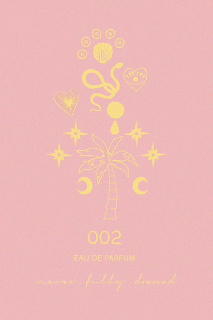 NFD Eau De Parfum 002 graphic featuring yellow palm tree, moon, and star icons on a blush pink background.