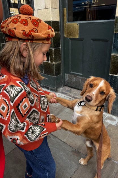 Rust orange NFD Kids Diamond Bomber with green and red diamond patterns on a child holding a dog’s paws.