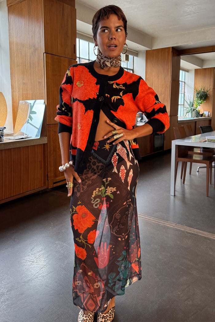Night Garden Mesh Dorris Skirt with poppy and leopard motifs on a sheer black mesh base.