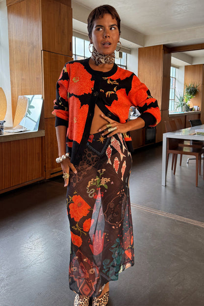 Night Garden Mesh Dorris Skirt with poppy and leopard motifs on a sheer black mesh base.