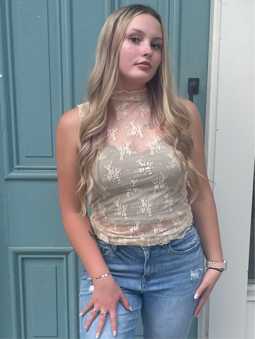 Nude lace mock neck tank