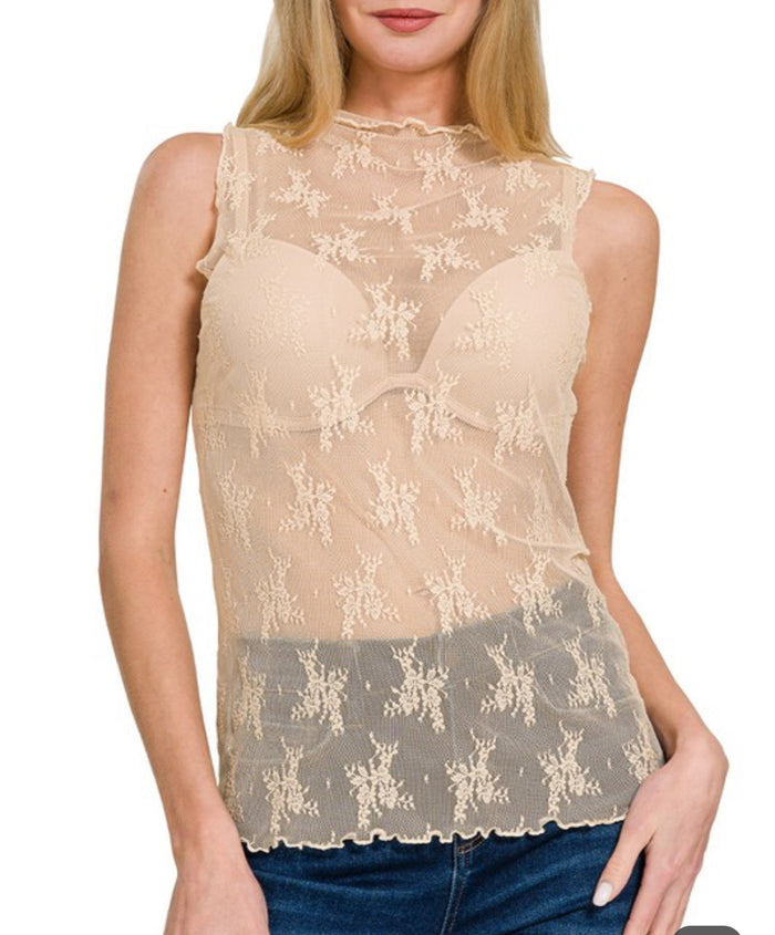 Nude lace mock neck tank