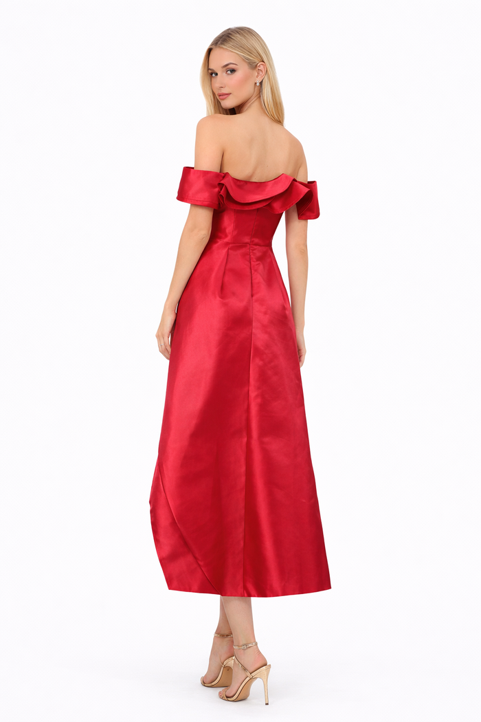 off-shoulder asymmetric ruffle satin dress – WAVE