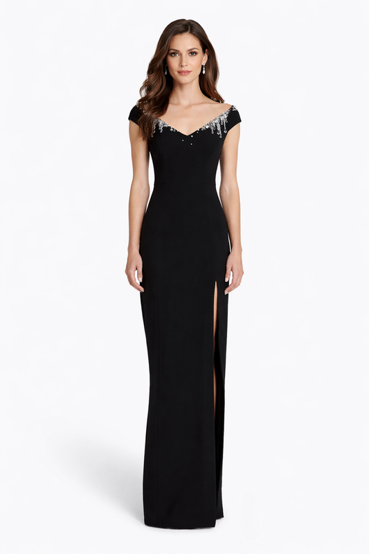 off-shoulder column dress with crystal embellished neckline – SERAPHINA
