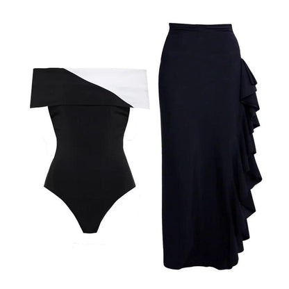off-shoulder contrast fold swimsuit with ruffle maxi skirt – ELEGANCE