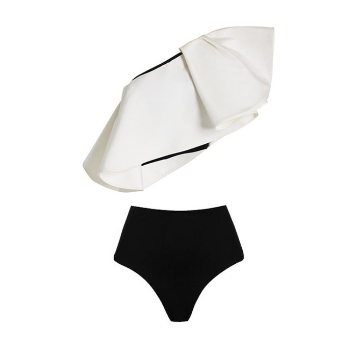 off-shoulder contrast swimsuit with polka dot wrap skirt – POLKA