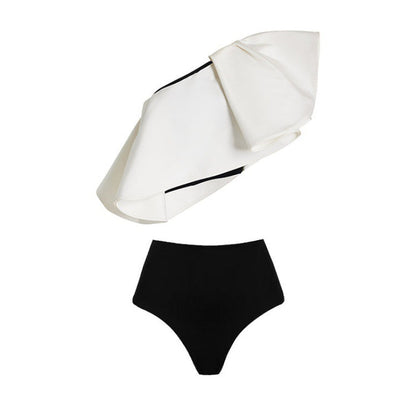 off-shoulder contrast swimsuit with polka dot wrap skirt – POLKA