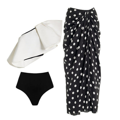 off-shoulder contrast swimsuit with polka dot wrap skirt – POLKA
