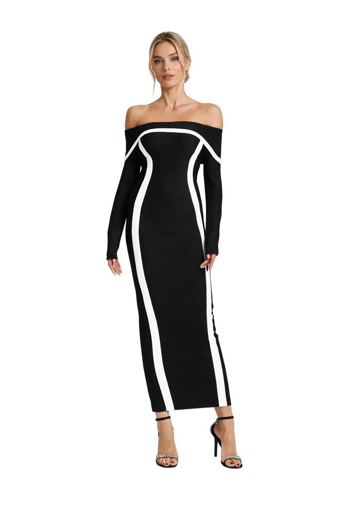 off-shoulder contrast-trim column maxi dress – MONO