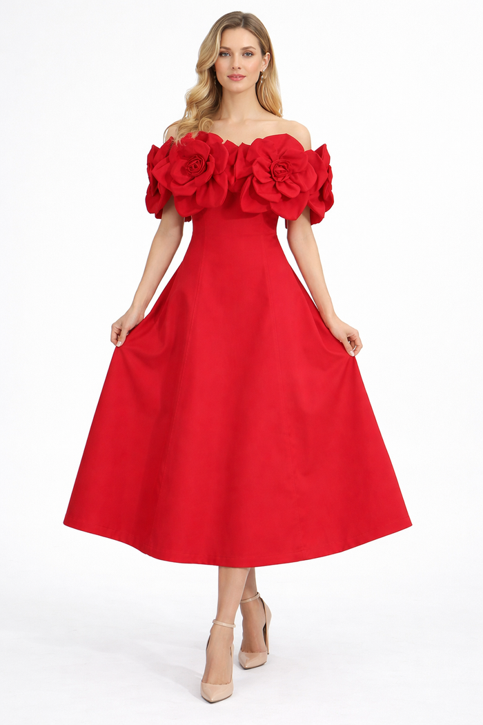 Off-Shoulder Floral Appliqué Midi Dress with A-Line Skirt – ROSÉ