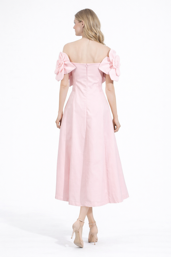 Off-Shoulder Floral Appliqué Midi Dress with A-Line Skirt – ROSÉ