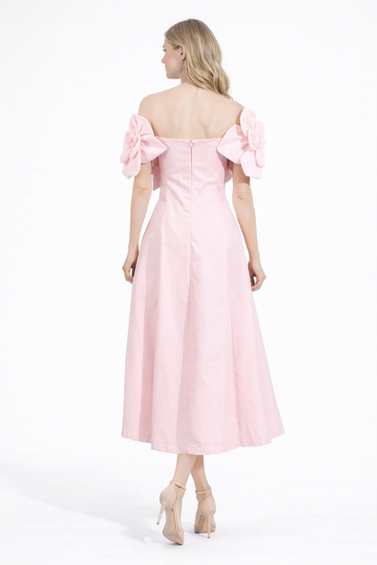 Off-Shoulder Floral Appliqué Midi Dress with A-Line Skirt – ROSÉ