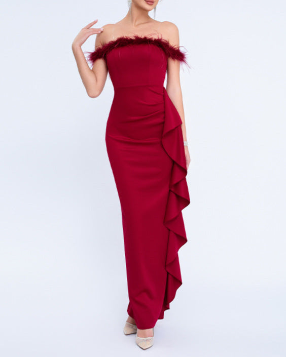 off-shoulder gown with feather trim and cascading ruffle – NOIRILU