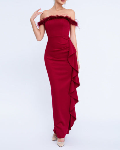 off-shoulder gown with feather trim and cascading ruffle – NOIRILU