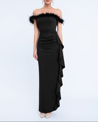 off-shoulder gown with feather trim and cascading ruffle – NOIRILU
