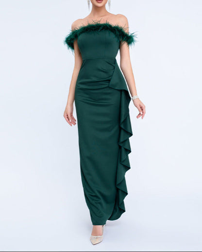 off-shoulder gown with feather trim and cascading ruffle – NOIRILU