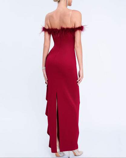 off-shoulder gown with feather trim and cascading ruffle – NOIRILU