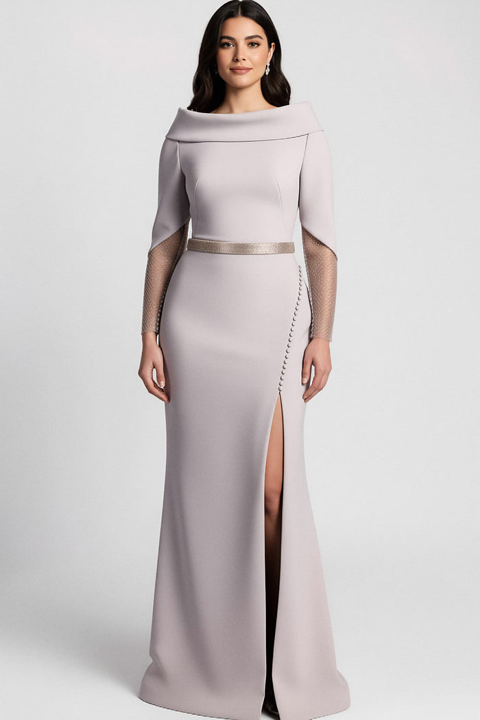 Off-shoulder gown with sheer embellished sleeves and slit – SELVI-1