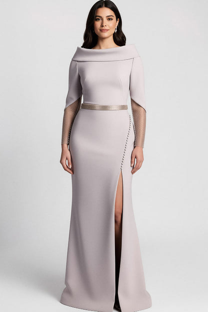 Off-shoulder gown with sheer embellished sleeves and slit – SELVI-1