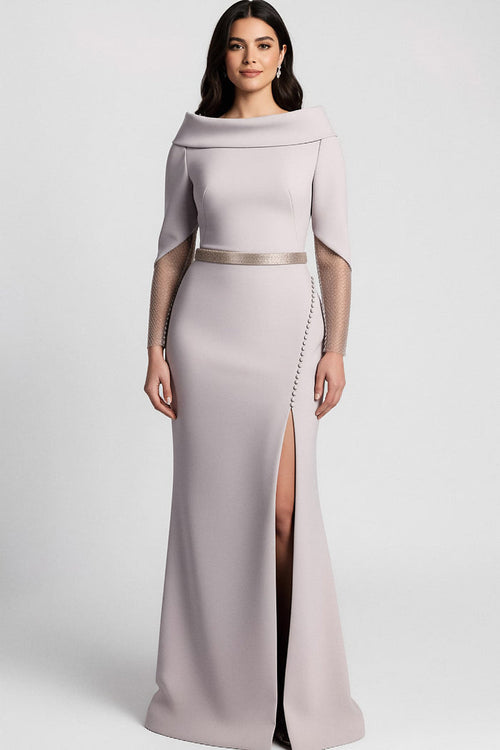 Off-shoulder gown with sheer embellished sleeves and slit – SELVI-1