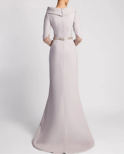 Off-shoulder gown with sheer embellished sleeves and slit – SELVI-1