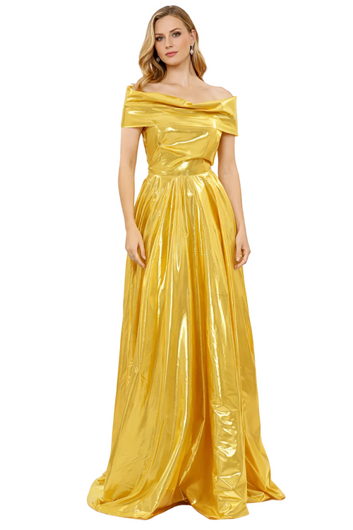 off-shoulder metallic satin ball gown with draped bodice – GOLEN